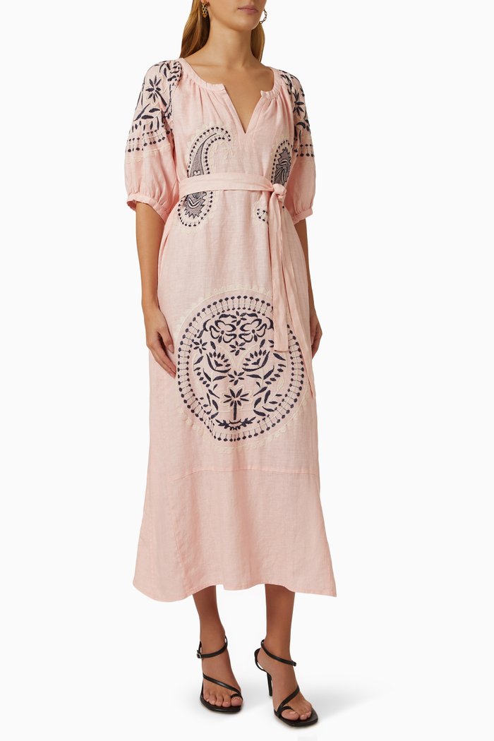 

Embroidered Midi Dress in Linen, Pink
