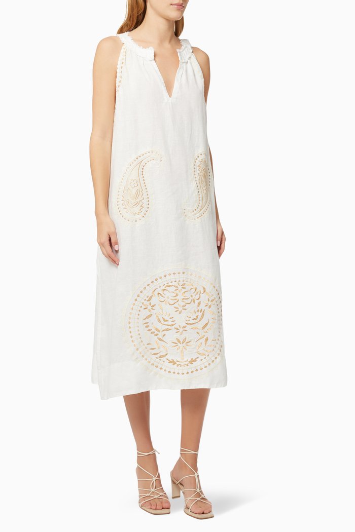 

Contrast Embroidered Dress in Linen, White