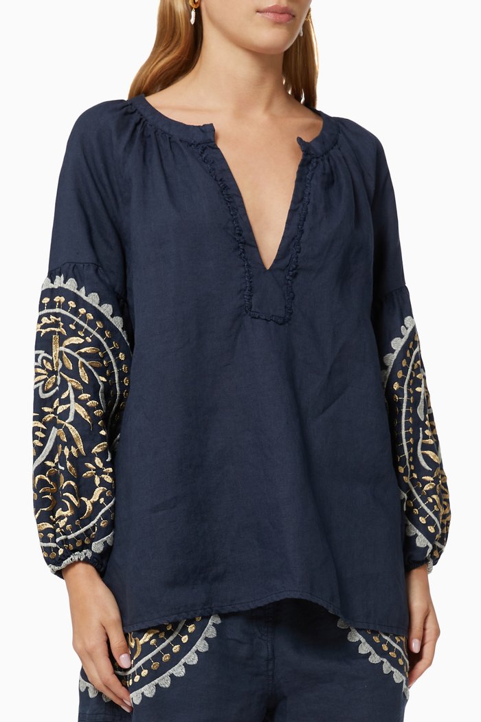 

Contrast Embroidered Blouse in Linen, Blue