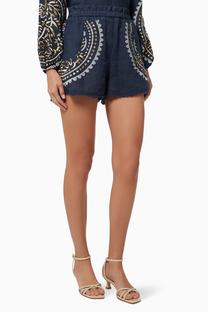 

Contrast Embroidered Shorts in Linen, Blue