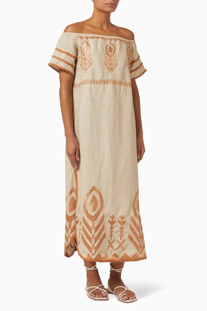 

Off-shoulder Midi Dress in Linen, Neutral
