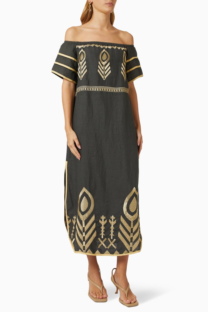 

Off-shoulder Midi Dress in Linen, Brown