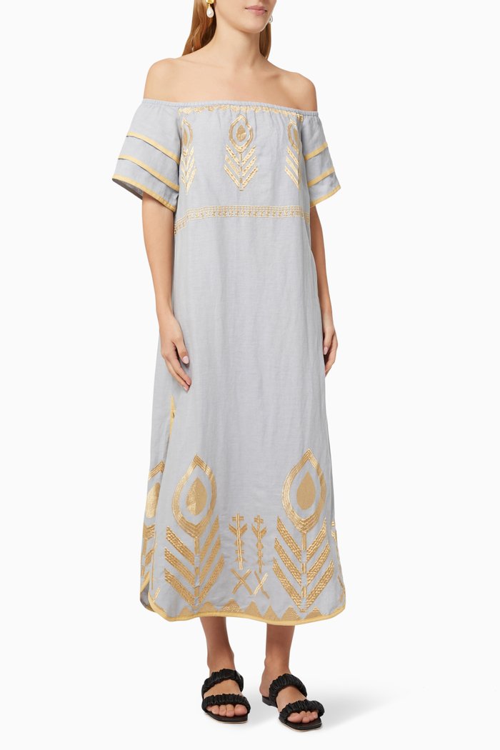 

Contrast Embroidered Dress in Linen, Grey