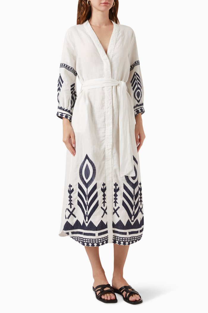 

Embroidered Midi Dress in Linen, White
