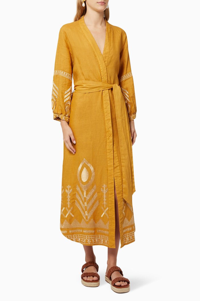 

Contrast Embroidered Dress in Linen, Yellow
