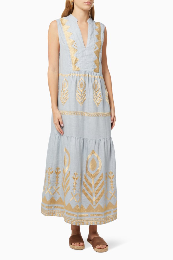 

Contrast Embroidered Dress in Linen, Grey