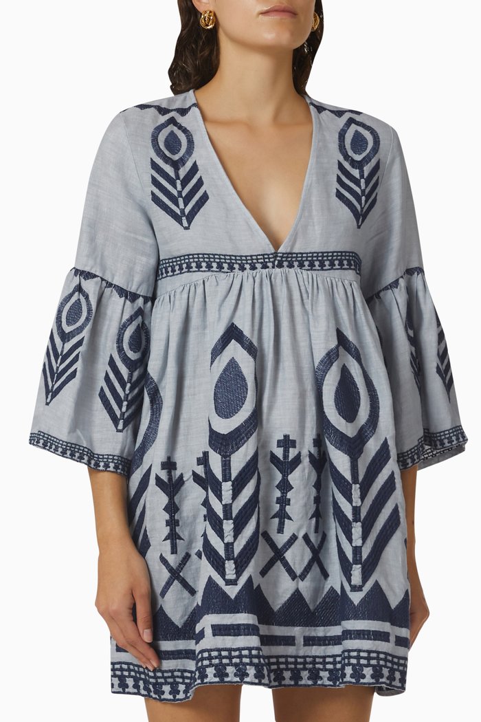 

Contrast Embroidered Dress in Linen, Grey