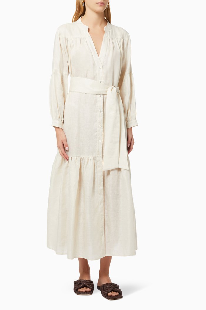

Tiered Belted Dress in Linen, Neutral