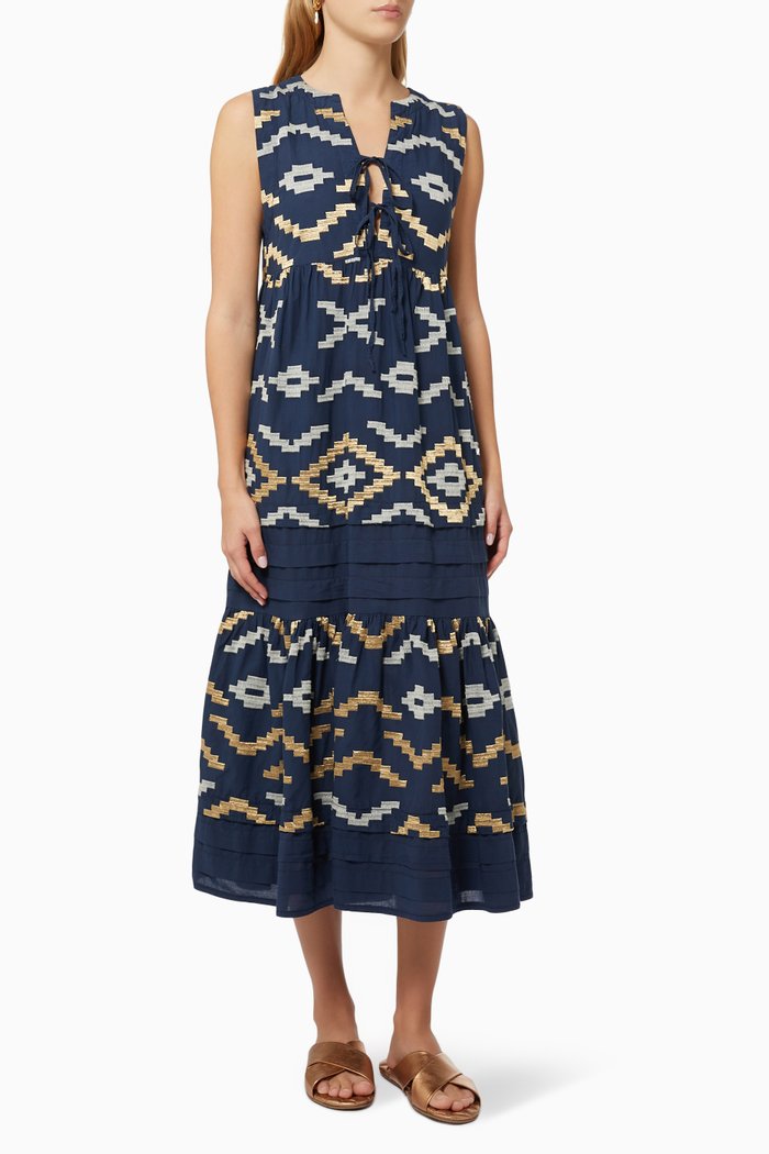 

Contrast Embroidered Dress in Cotton, Blue