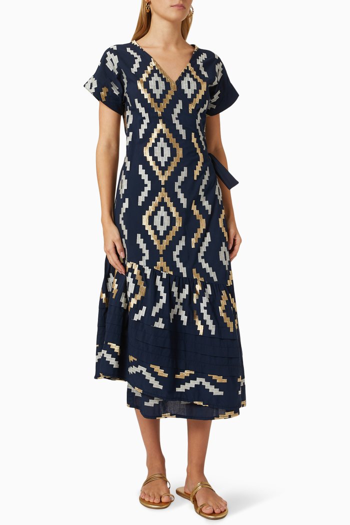 

Embroidered Wrap Dress in Cotton, Blue