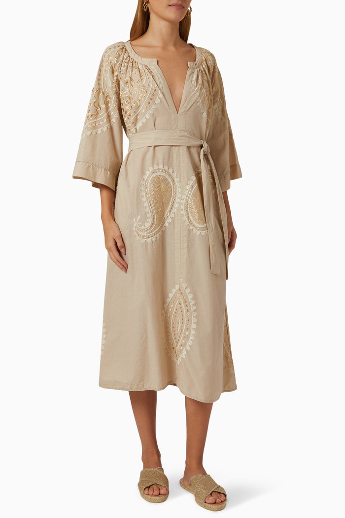 

Embroidered Midi Dress in Cotton, Neutral
