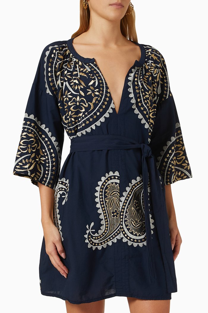 

Embroidered Mini Dress in Cotton, Blue