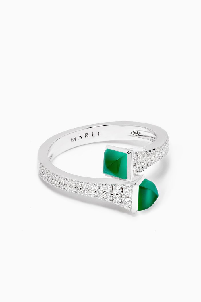 

Cleo Diamond & Green Agate Ring in 18kt White Gold, Silver