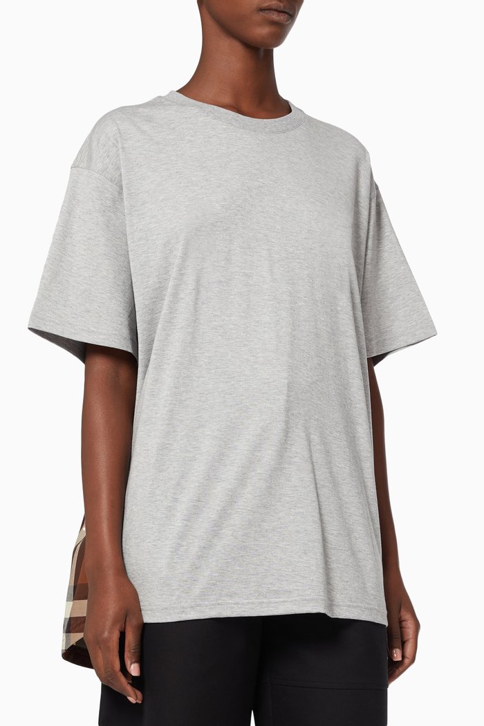 Check Panel Oversized T-shirt in Cotton Jersey, Grey