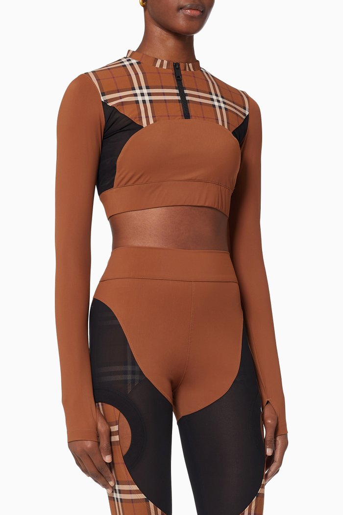 

Check Panel Cropped Top in Stretch Jersey, Brown