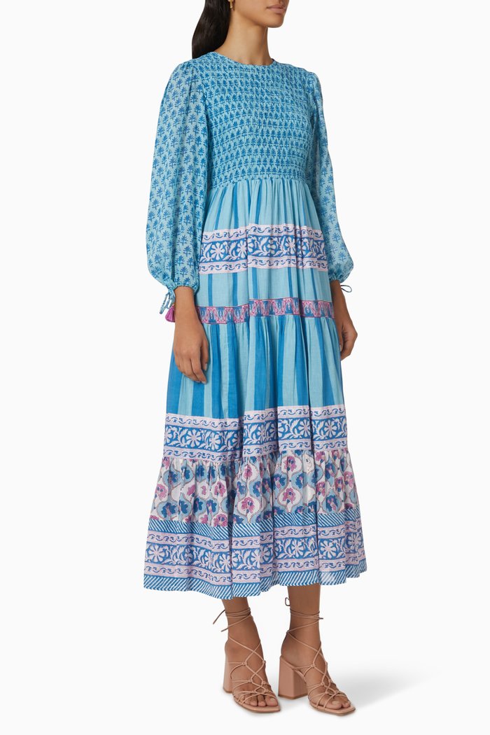 

Smocked Maxi Dress in Cotton Voile, Blue