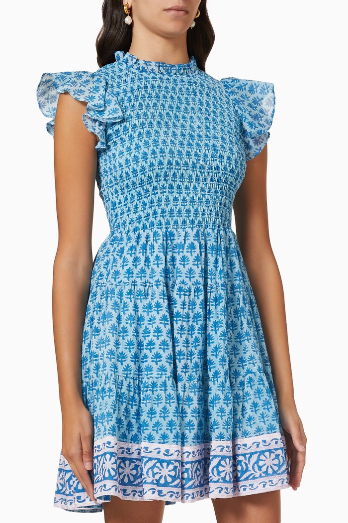 

Smocked Short Dress in Cotton Voile, Blue