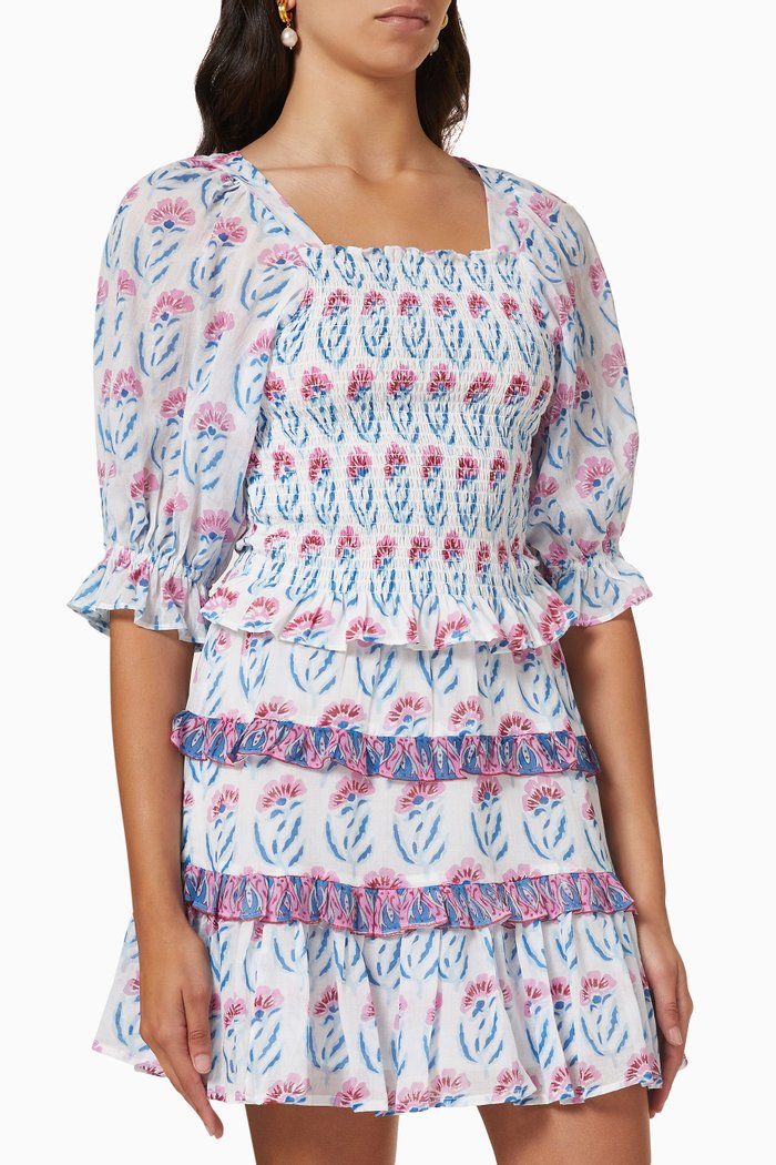 

Puff Sleeve Smocked Top in Cotton Voile, Blue