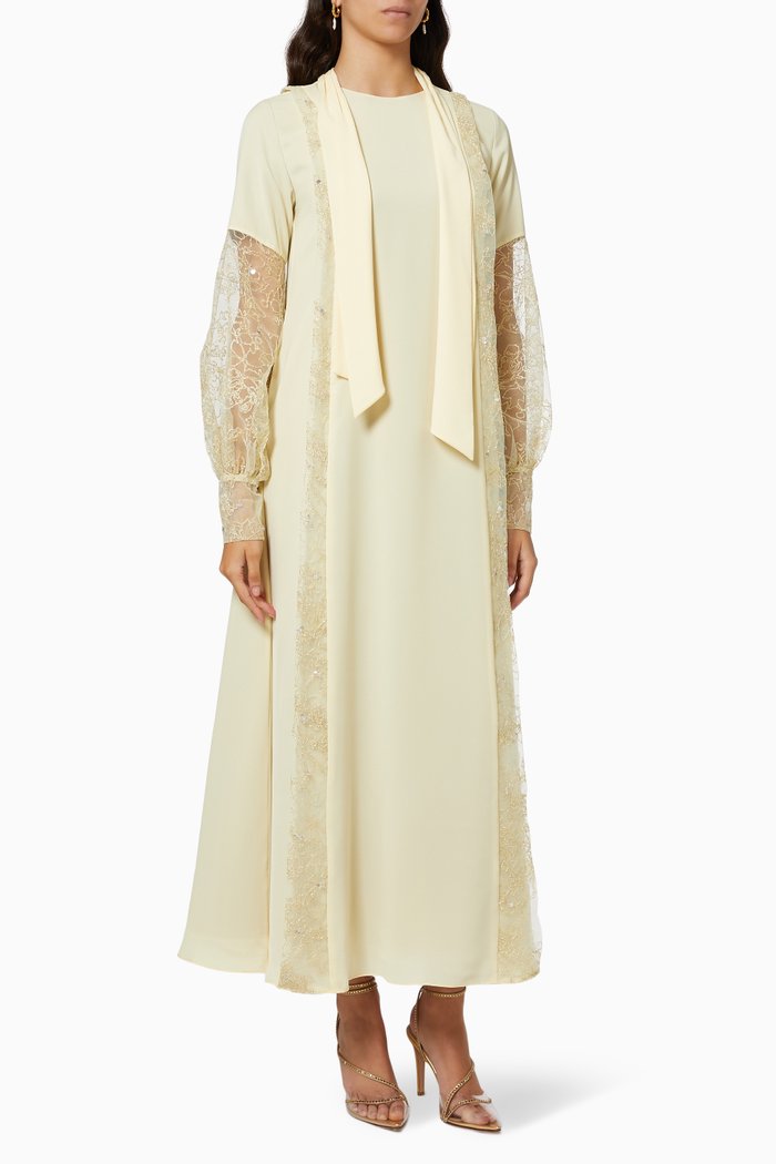 

Embroidered Sleeves Kaftan in Crepe, Yellow
