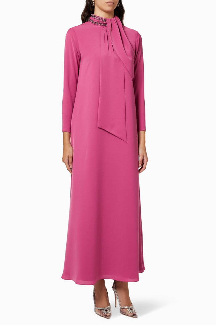 

High Collar Embroidered Kaftan in Crepe, Pink