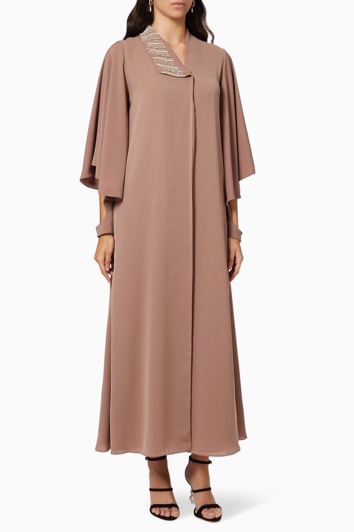

Embroidered Cape Kaftan in Crepe, Brown