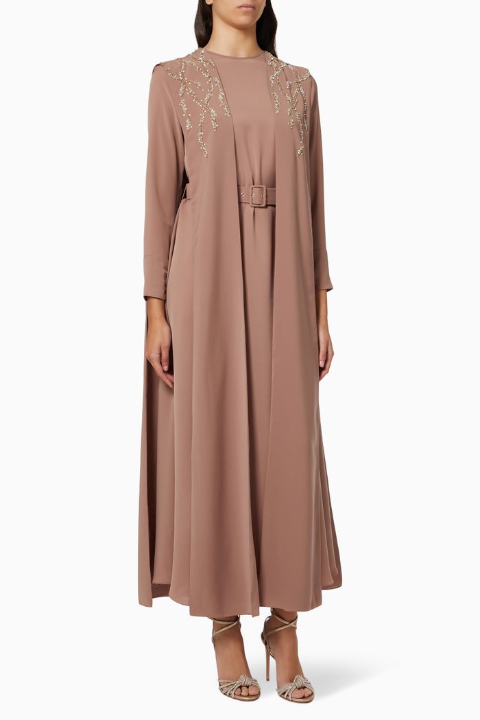 

Embroidered Cape Kaftan in Crepe, Brown