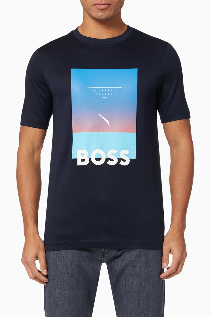 

Boss Graphic Logo T-shirt in Cotton Jersey, Blue