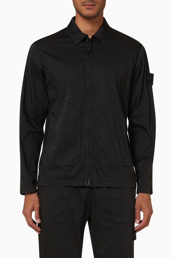 Compass Patch Zip-up Overshirt in Cotton Blend, Black