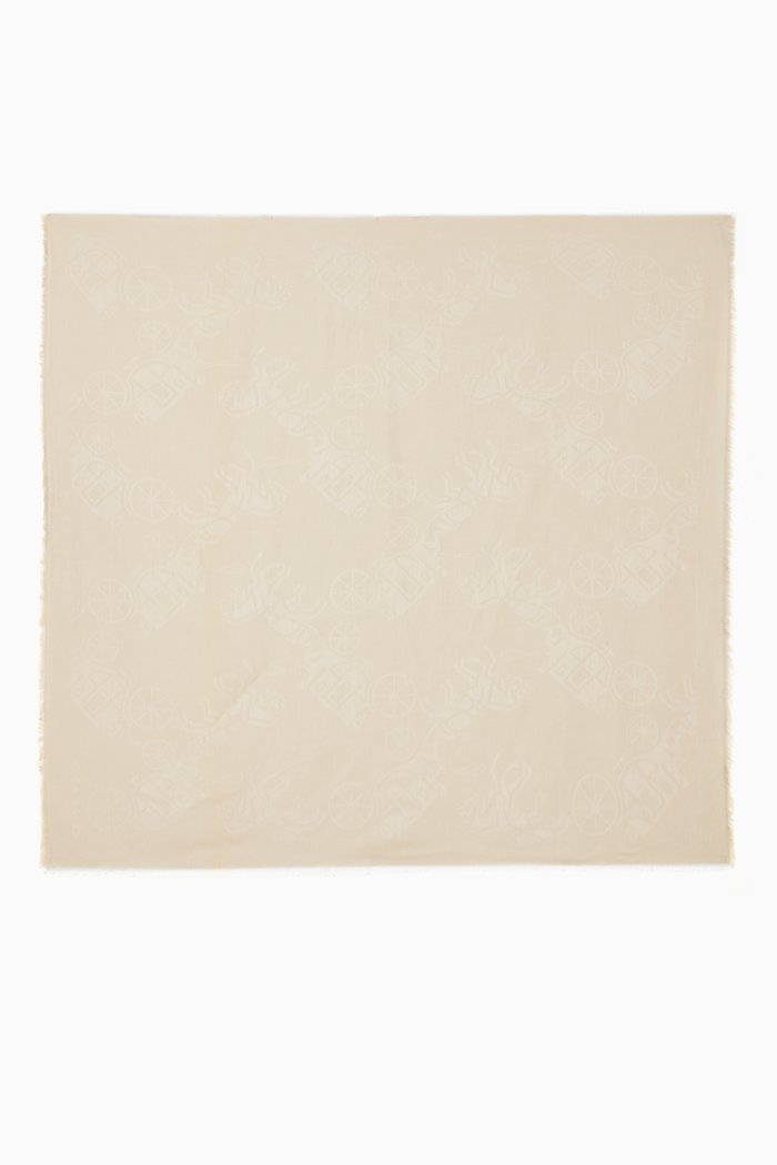 

Horse & Carriage Print Oversized Square Scarf in Cotton Wool Blend, White