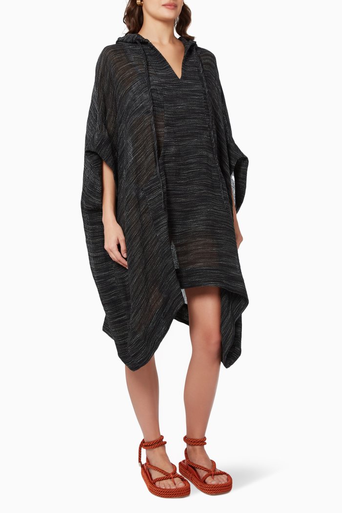 Hooded Poncho in Linen Gauze, Black