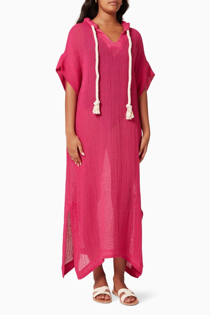 

Drawstring Hooded Caftan in Fishnet Gauze, Pink