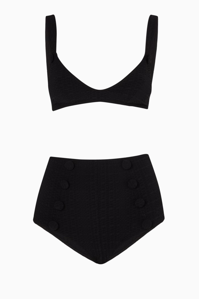 

Magdalena High-Waist Bikini in Seersucker, Black