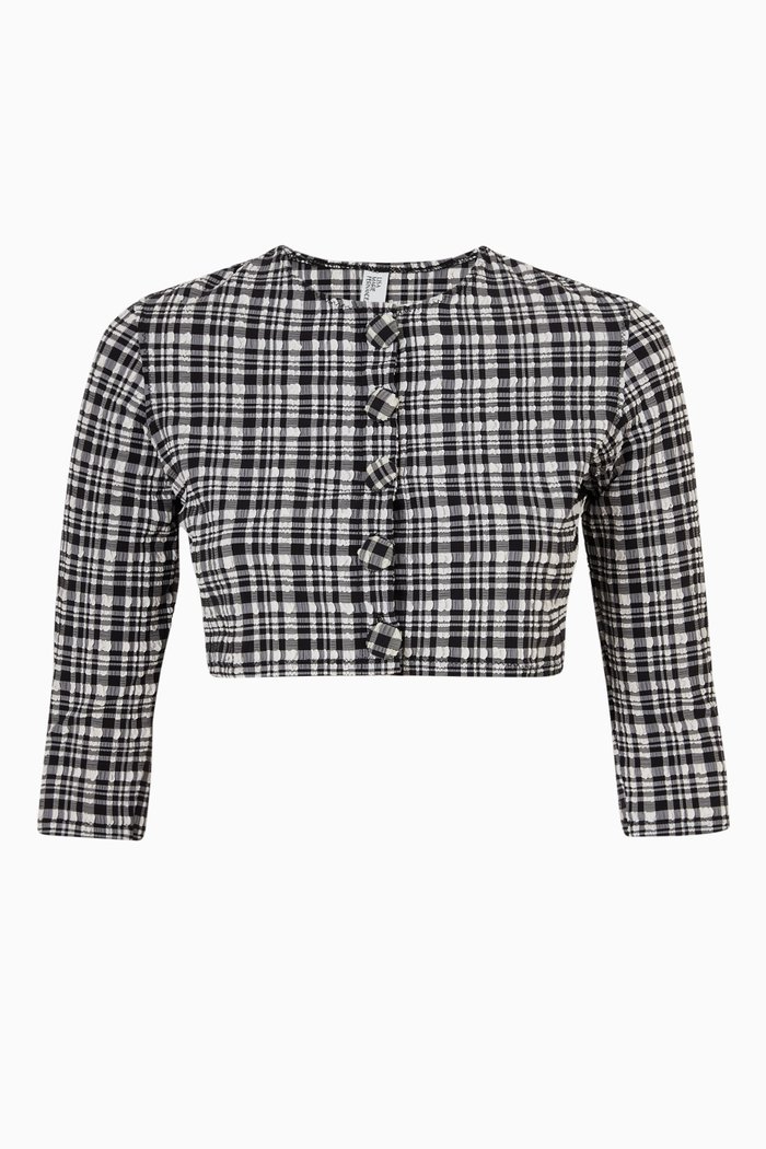 

Plaid Seersucker Cardigan in Nylon Blend, Black