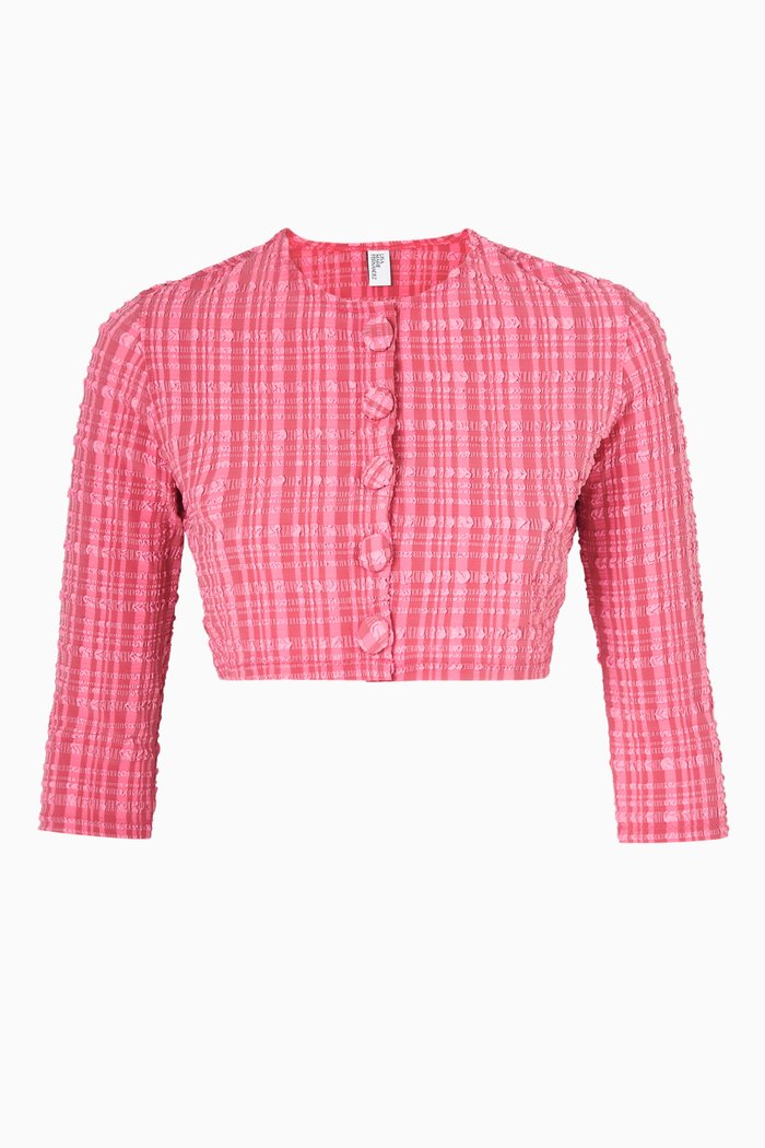 

Cropped Cardigan in Striped Seersucker, Pink