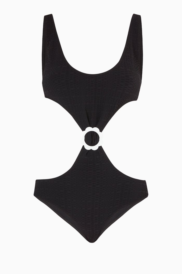 

Scallop Cut Out Maillot One Piece Swimsuit in Terry Cloth, Black