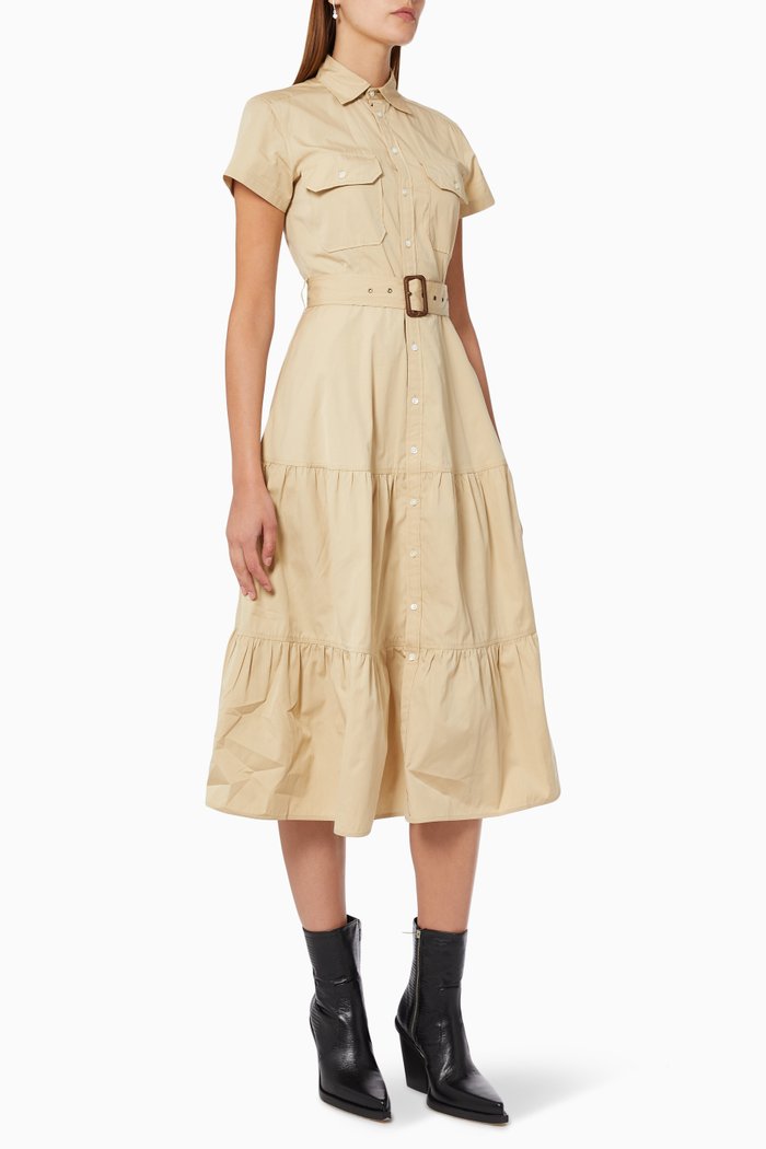 

Tiered Midi Shirtdress in Cotton Poplin, Neutral