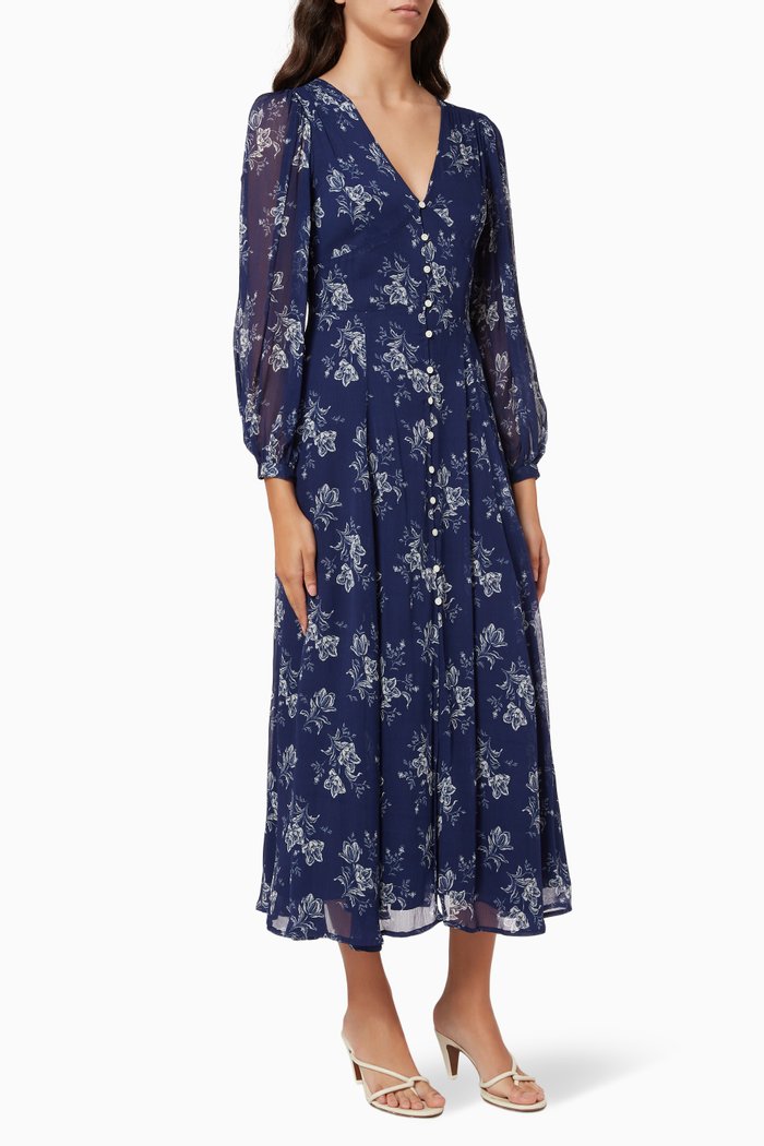 

Riviera Print Dress in Crinkle Chiffon, Blue