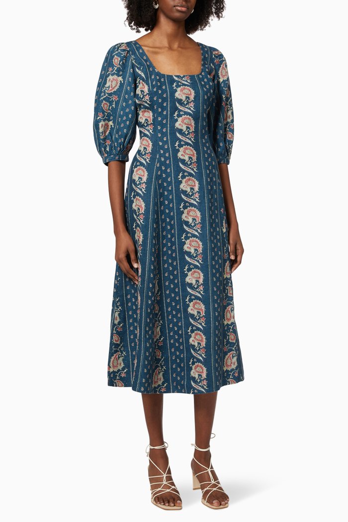 Paisley Midi Dress in Linen, Blue
