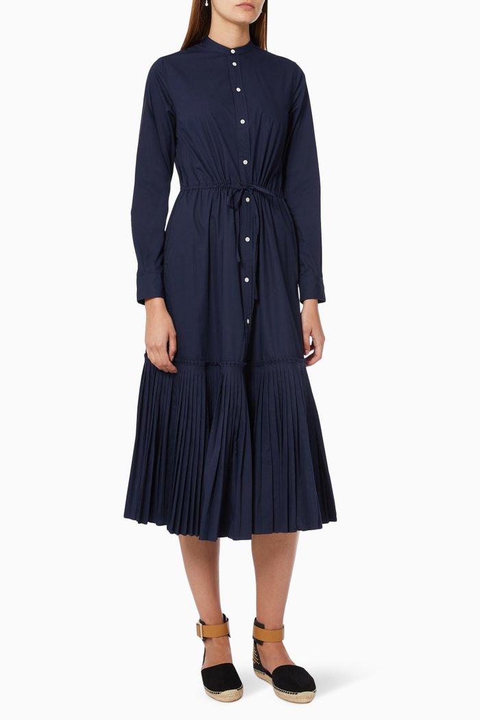 

Pleated-Hem Drawstring Midi Shirtdress, Blue