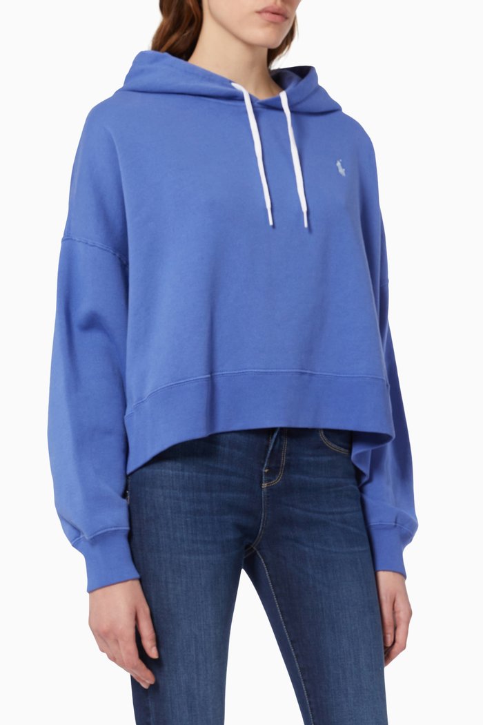 

Polo Logo Embroidered Hoodie in Fleece, Blue