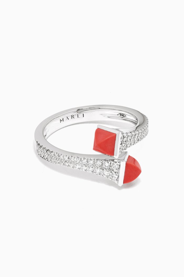 

Cleo Diamond & Red Coral Midi Ring in 18kt White Gold, Silver