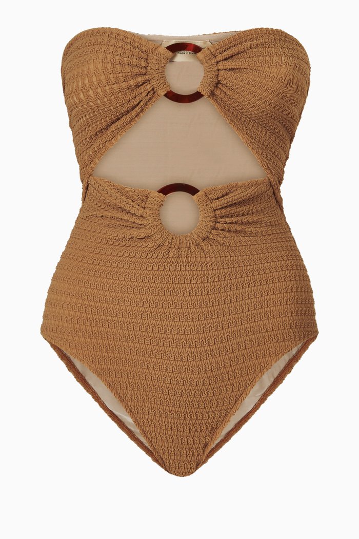 

Seersucker Strapless Swimsuit, Brown