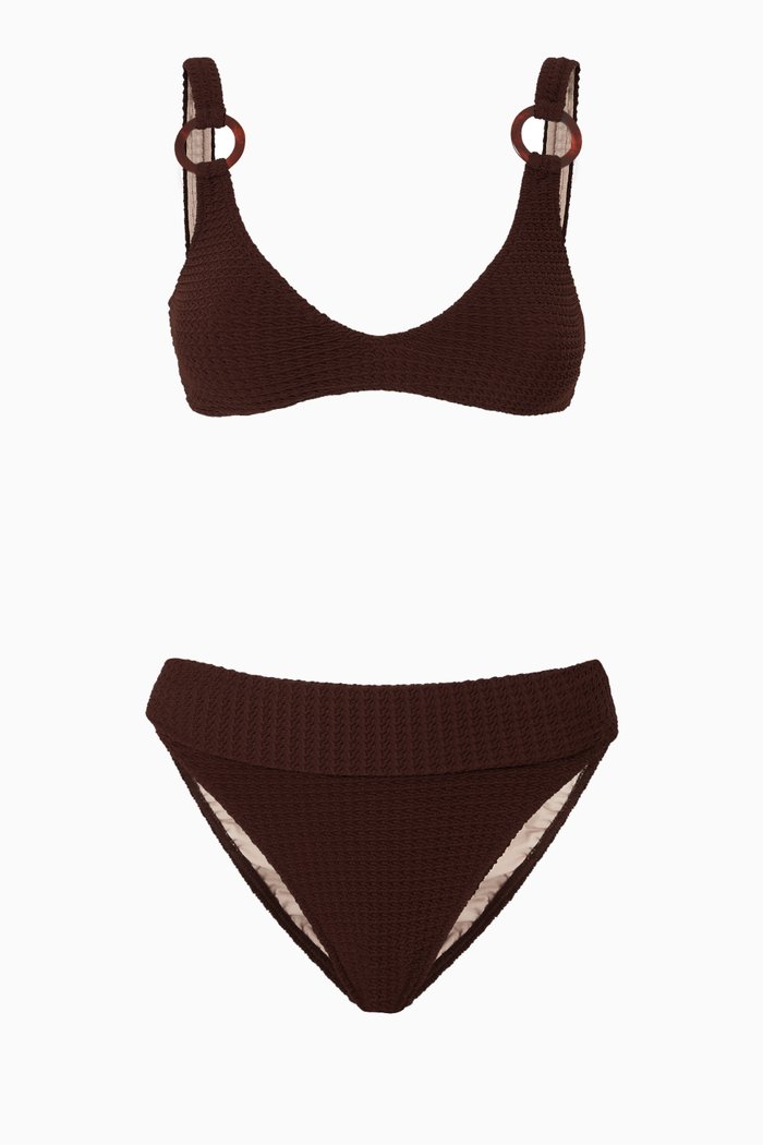 

Seersucker Hoop Bikini Set, Brown