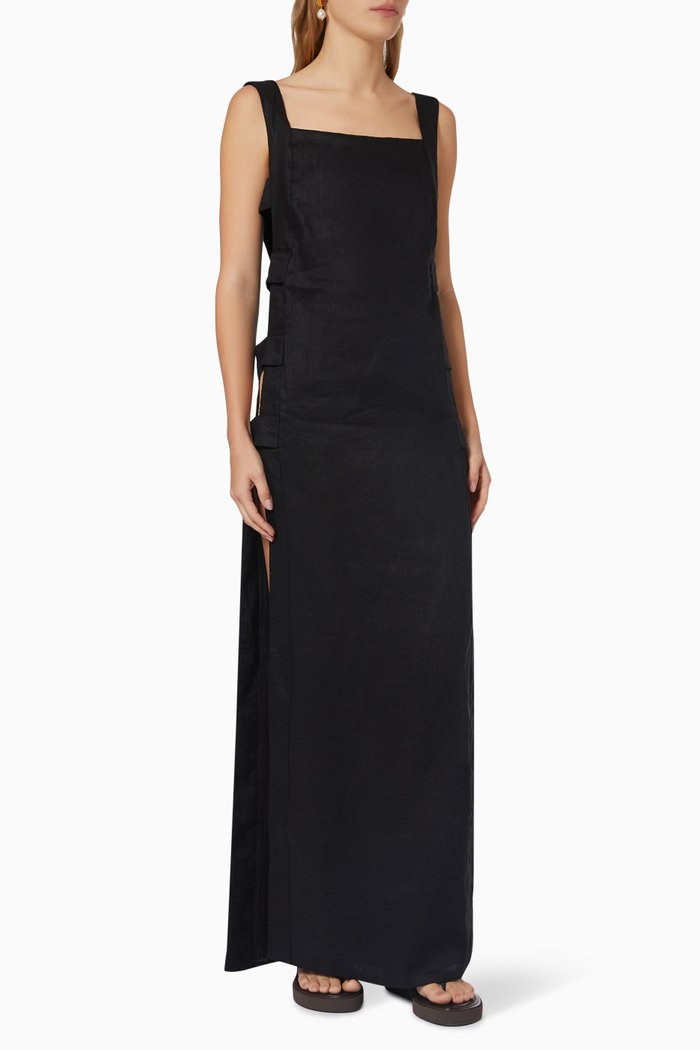 

Cut-out Long Dress in Linen, Black