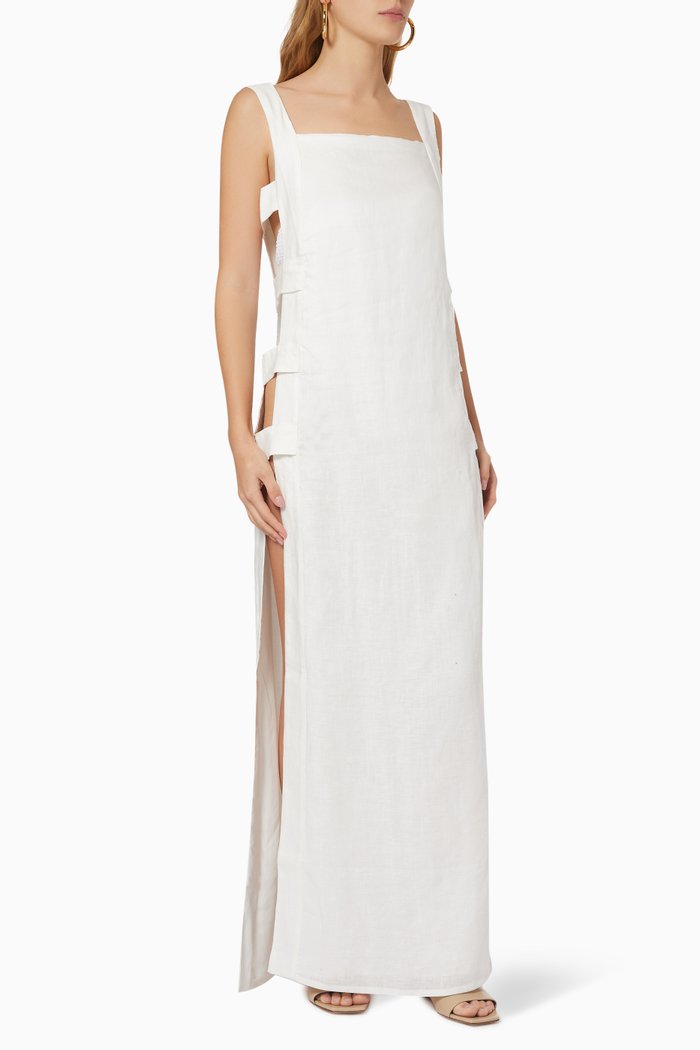 

Cut-out Long Dress in Linen, White