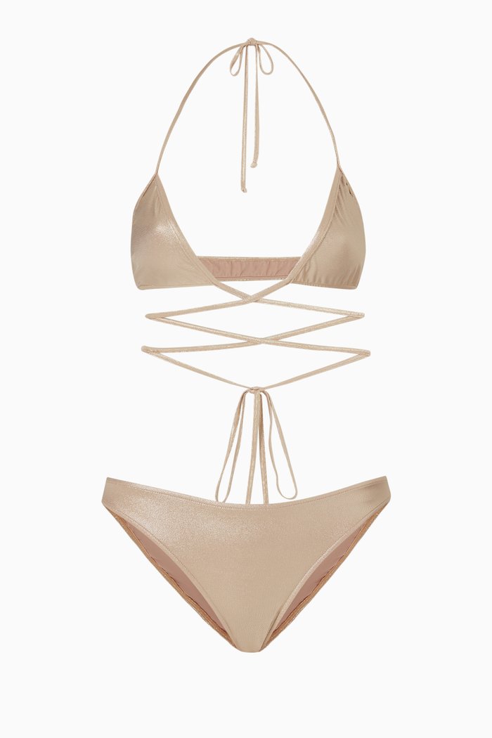 Metallic Wrap Tri Bikini Set, Gold