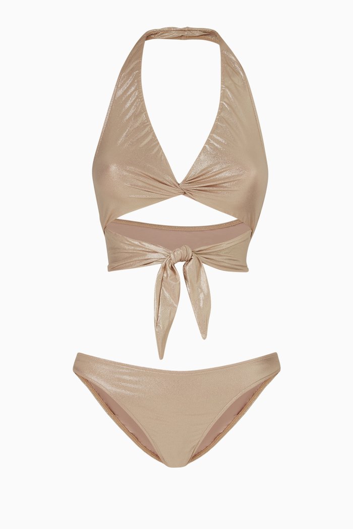 

Metallic Halterneck Knot Bikini Set, Gold