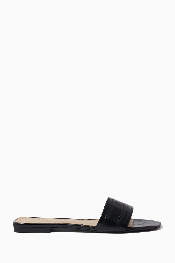 

Flat Slides in Croc-embossed Leather, Black