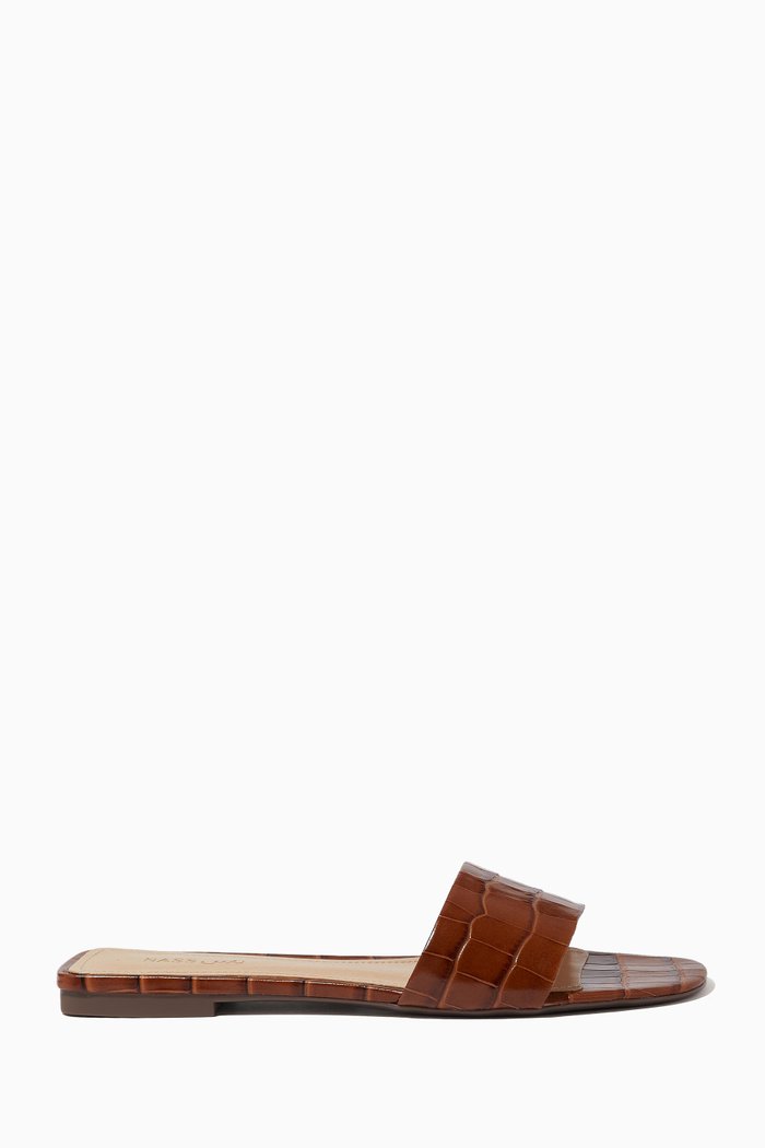 

Flat Slides in Croc-embossed Leather, Brown