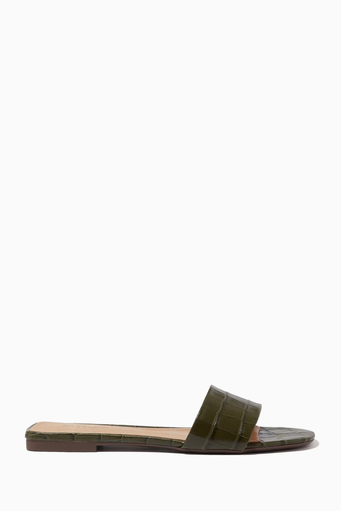 

Flat Slides in Croc-embossed Leather, Green